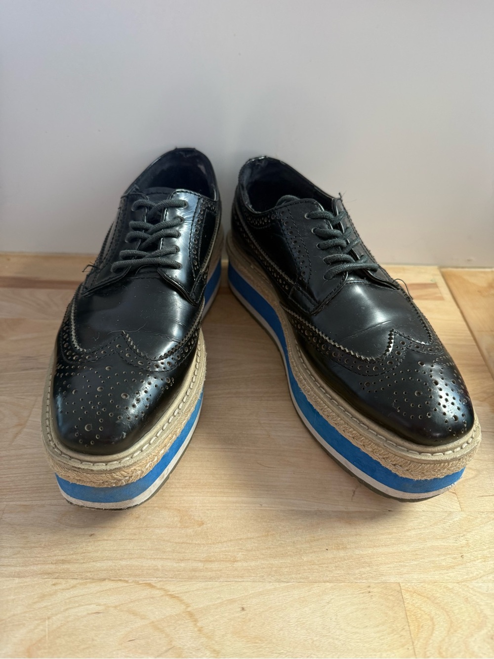 Prada Black Leather Wingtip Platform Oxfords with Blue Accent